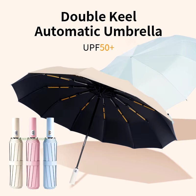 24 Bone Windproof Anti-Uv Fully Automatic Large Umbrella 3 Folding Ribs Double Umbrella Travel Rain Men Women Umbrellas UPF Gift