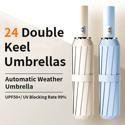 24 Bone Windproof Anti-Uv Fully Automatic Large Umbrella 3 Folding Ribs Double Umbrella Travel Rain Men Women Umbrellas UPF Gift